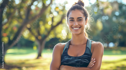 A fit and smiling female personal trainer posing confidently in front of the camera, outdoor park setting. Ai generated