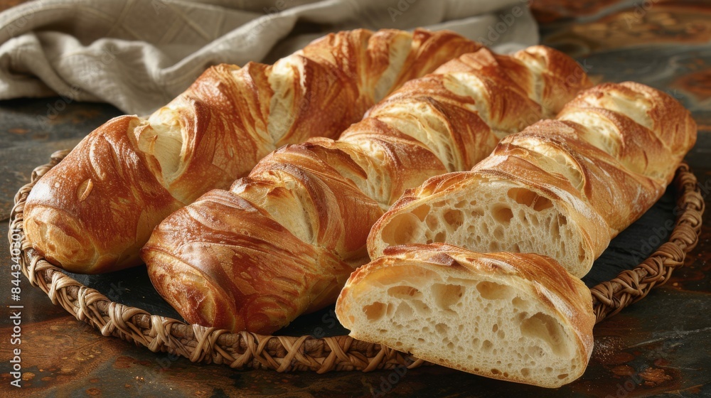 Baguettes: A selection of freshly baked baguettes arranged in a wicker basket. Traditional French bread. Baguettes: A selection of freshly baked baguettes arranged in a wicker basket. Traditional French bread.