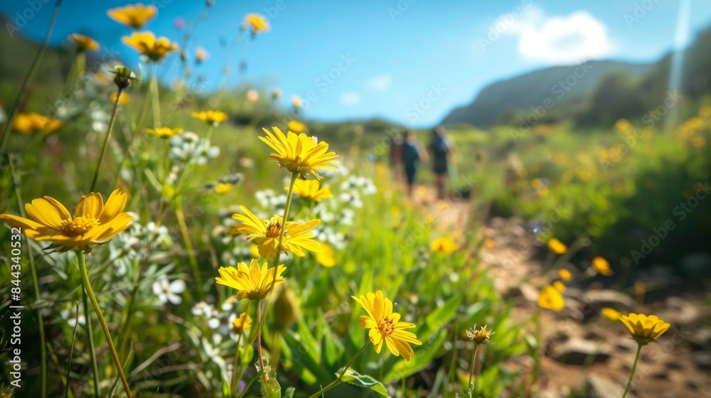 Obraz premium Serene Hiking Adventure, Exploring a Lush Dirt Trail with Wildflowers Blooming - Ideal for Marketing Campaigns