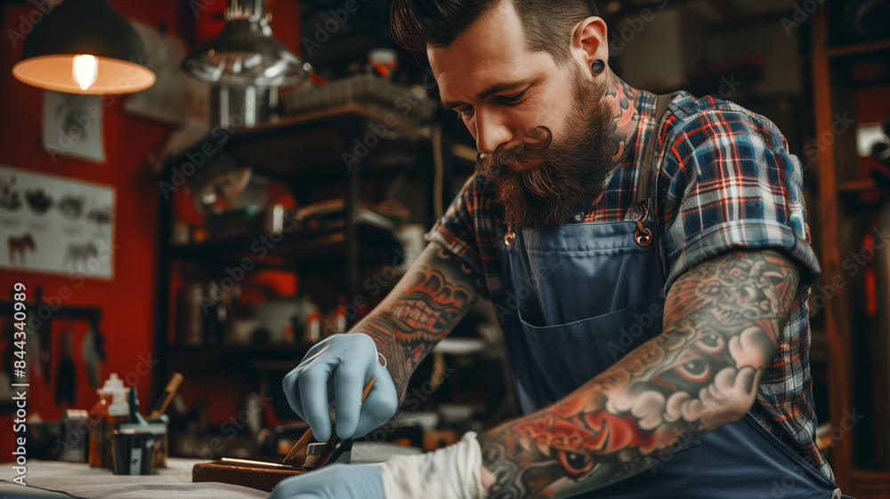A professional tattoo artist working on a client's arm in a clean, well-lit studio. Ai generated A professional tattoo artist working on a client's arm in a clean, well-lit studio. Ai generated
