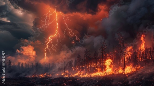 A lightning bolt strikes the ground igniting a raging wildfire that consumes everything in its path