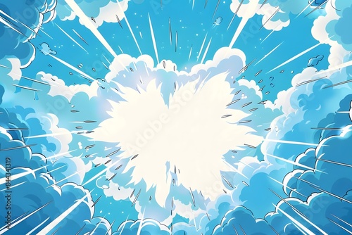 Abstract comic book style background with a blue and white color scheme, a cartoon explosion cloud design with copy space