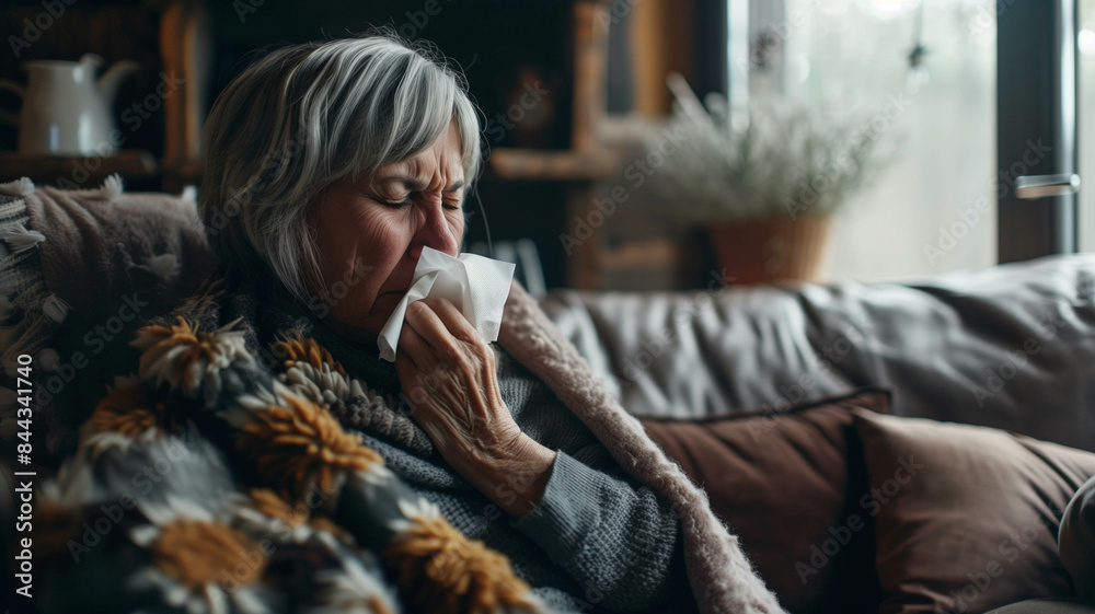 Obraz premium An elderly woman wrapped in a cozy blanket sits on a comfortable chair at home, sneezing into a tissue with a look of determination to overcome her seasonal illness. Ai generated