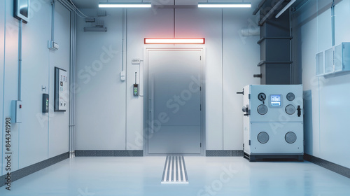 A sterile, white-walled industrial freezer room, featuring a large metal door and a freestanding freezer unit © Anoo