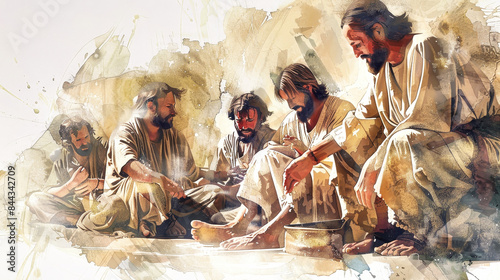 A depiction of Jesus washing the feet of his disciples during the Last Supper, showcasing humility and servant leadership