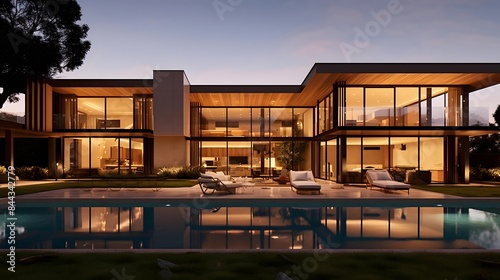 Sunset with swimming pool and modern villa in the evening. © Iman