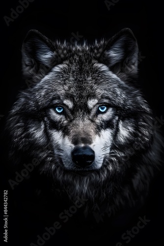 a portrait of a wolf with blue eyes and black background