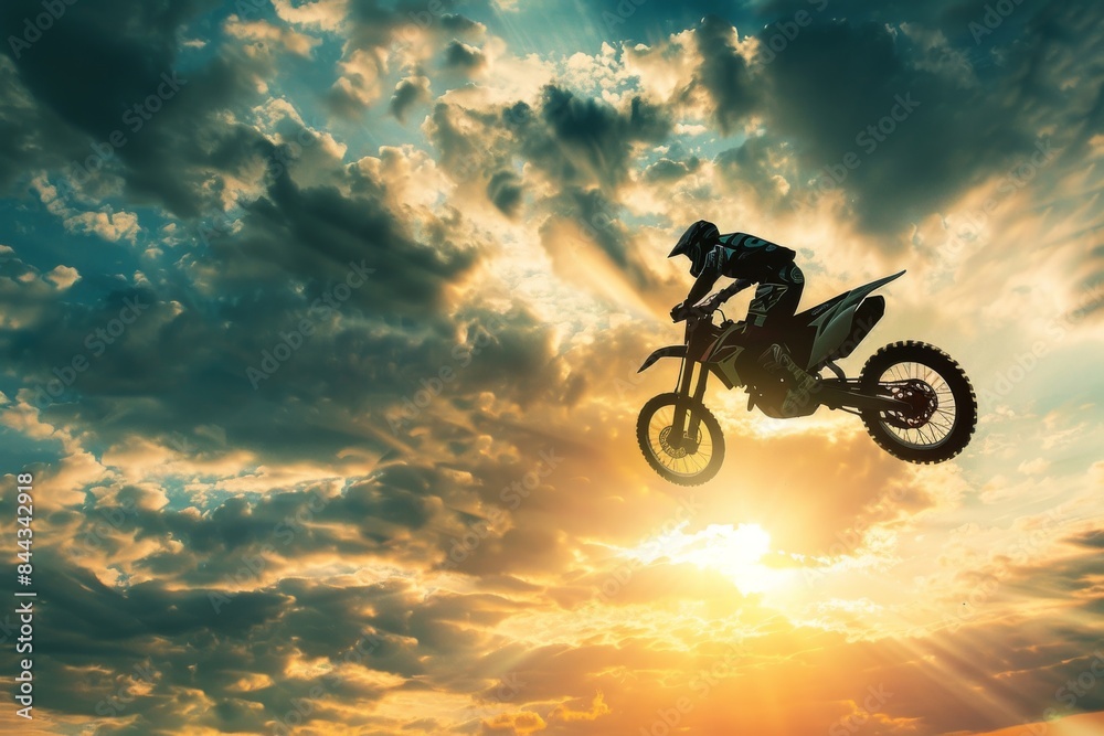 Fototapeta premium A motocross rider performing a high jump against a dramatic sky backdrop