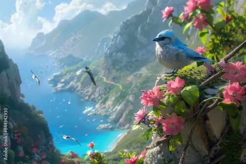 A bird perched on a cliff edge with a sweeping view of the sea below. photo