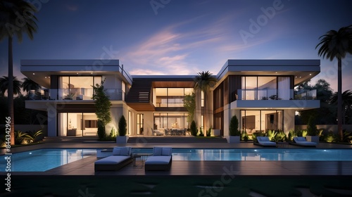 Exterior of modern luxury house with swimming pool at dusk. Nobody inside © Iman