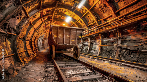 An ore wagon sits on a rail line in a dark, long, and abandoned mine tunnel