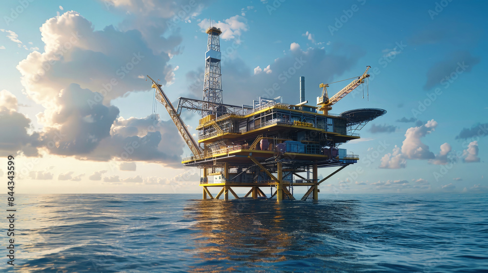 An offshore oil and gas production platform stands tall against a backdrop of vibrant sunset clouds An offshore oil and gas production platform stands tall against a backdrop of vibrant sunset clouds