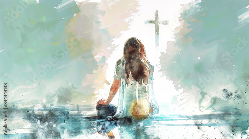 A woman sits alone in a church, facing a cross, her back to the viewer, seemingly lost in prayer
