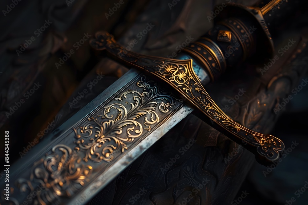 Close-up of a beautifully crafted ornate sword with intricate detailing on the blade and hilt, showcasing exquisite metalwork and craftsmanship. Close-up of a beautifully crafted ornate sword with intricate detailing on the blade and hilt, showcasing exquisite metalwork and craftsmanship.
