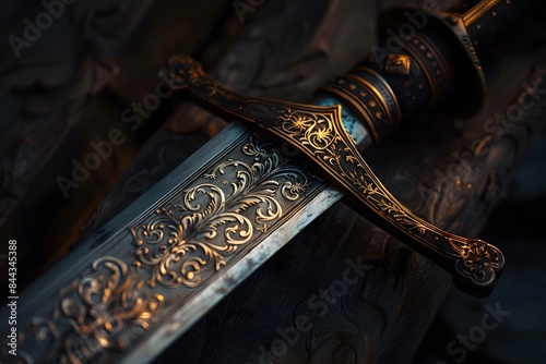Close-up of a beautifully crafted ornate sword with intricate detailing on the blade and hilt, showcasing exquisite metalwork and craftsmanship.