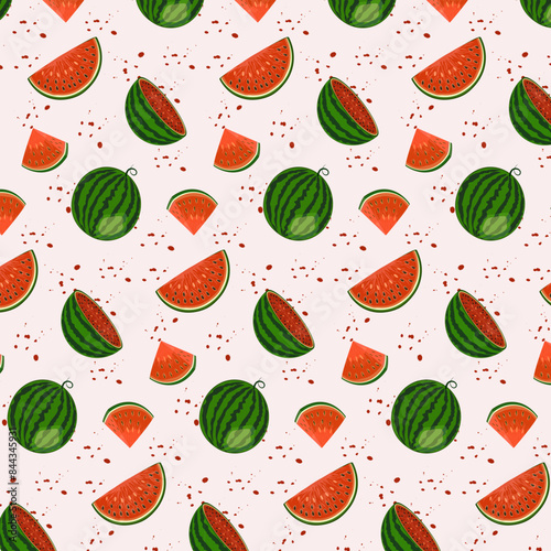 Whole and cut watermelons in a pattern.Colored vector illustration with whole and cut watermelons on a pink background.
