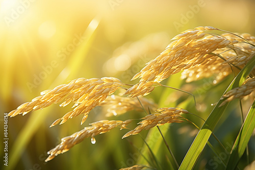 Golden yellow ear of rice growing in autumn paddy field. Close-up to rice seeds in ear of paddy.