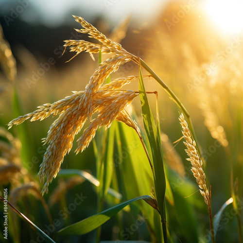 Golden yellow ear of rice growing in autumn paddy field. Close-up to rice seeds in ear of paddy.