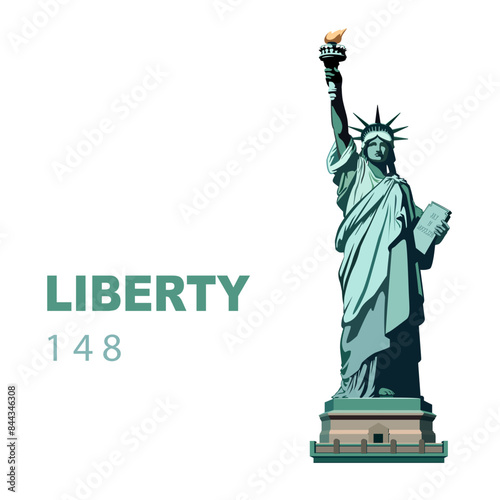Vector illustration. USA Independence Day, Statue of Liberty monument, poster presentation. Green flat design template. USA holiday. National symbol of America New York, banner, advertisement, freedom