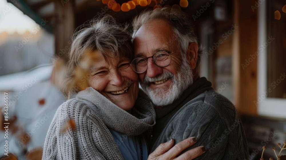 Obraz premium couple senior family smile and happy activity together, cuddling, warm hugs, senior or adult love, married couple, warm family. Husband and wife in love so fun in important days, celebrating