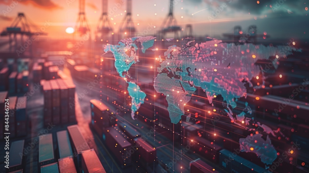 Fototapeta premium Logistics international delivery concept, World map with logistic network distribution on background.background for Concept of fast or instant shipping, Online goods orders worldwide