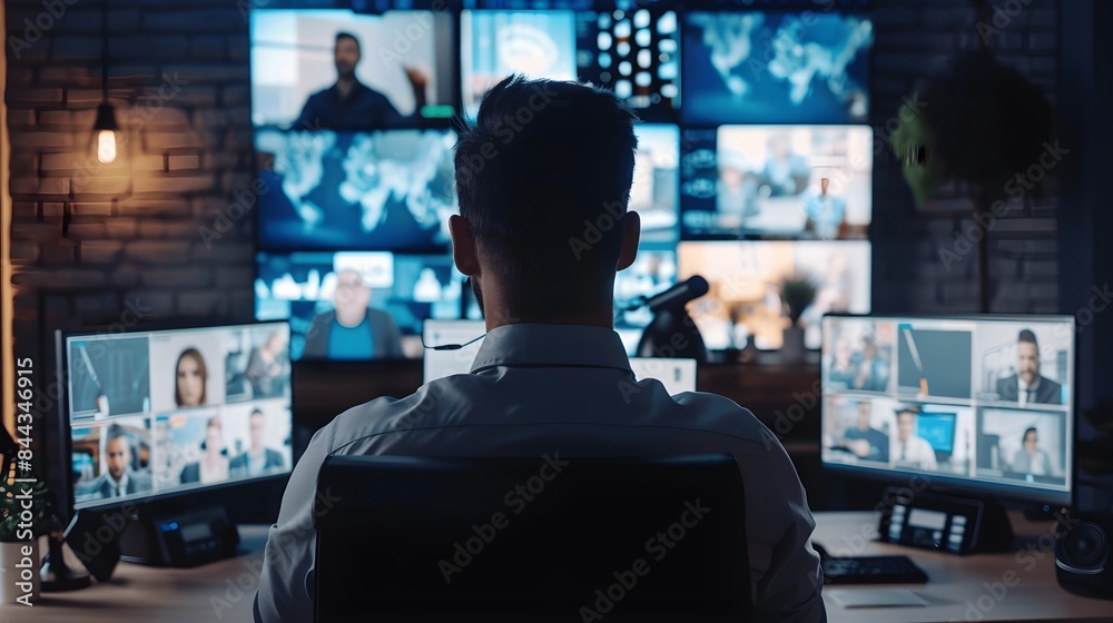 A man is engaged in a virtual meeting, surrounded by multiple screens in his sleek A man is engaged in a virtual meeting, surrounded by multiple screens in his sleek