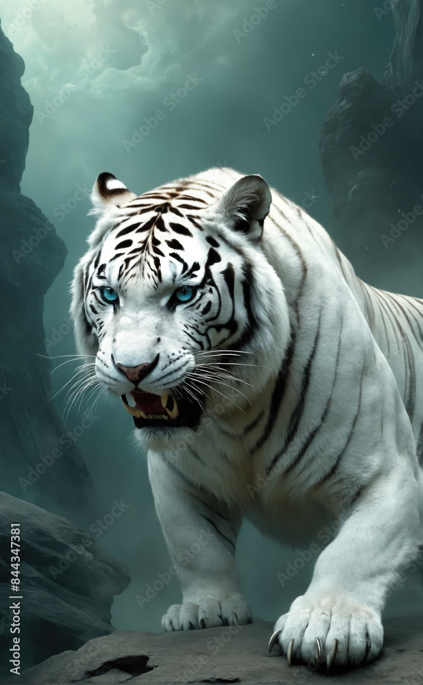 Fantasy Illustration of a wild animal white tiger. Digital art style wallpaper background. Fantasy Illustration of a wild animal white tiger. Digital art style wallpaper background.