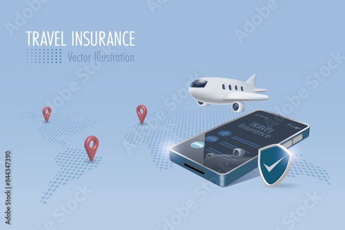 Global travel insurance protection. Flying airplane with insurance policy and protective shield on mobile app. 3D vector.