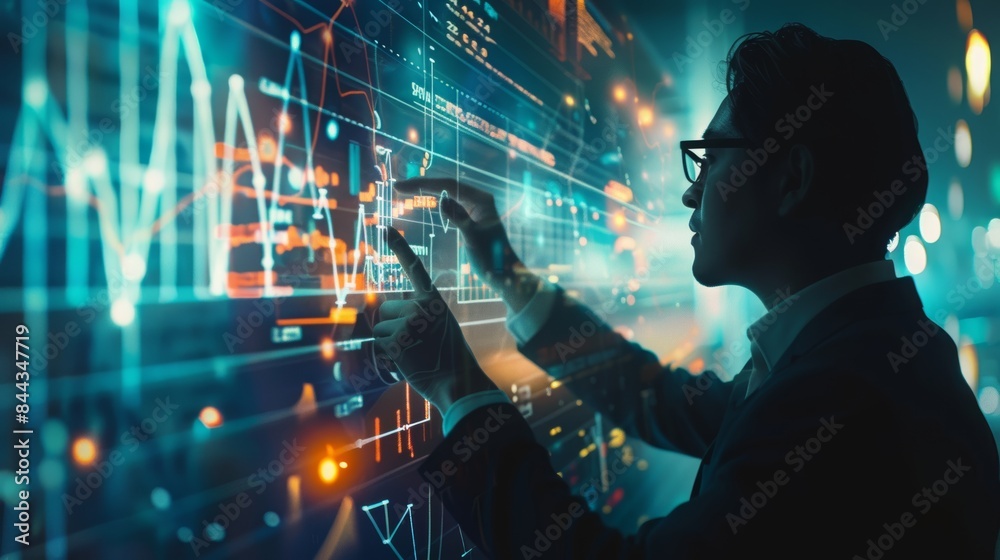 Businessman interacting with a virtual screen displaying a graph Businessman interacting with a virtual screen displaying a graph