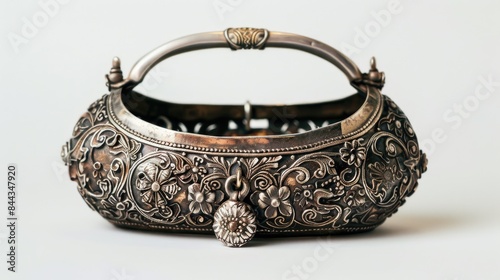 Asian vintage silver wristlet against a white backdrop