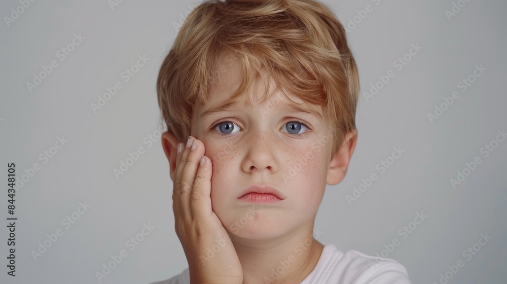 little boy presses hand to cheek, suffers from pain in tooth isolated on gray studio background. Teeth decay, dental problems, child emotions and facial expression little boy presses hand to cheek, suffers from pain in tooth isolated on gray studio background. Teeth decay, dental problems, child emotions and facial expression