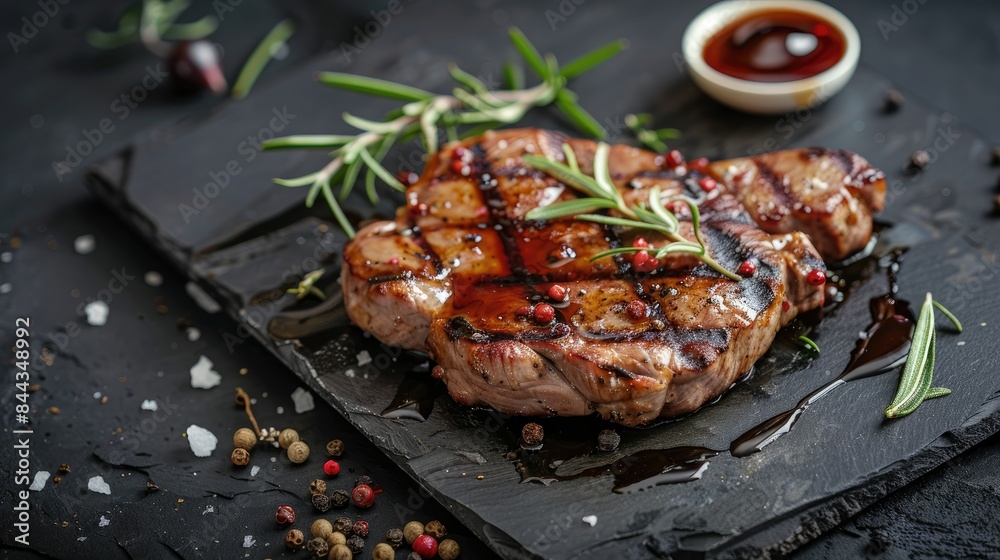 Veal cutlet grilled on dark stone dish with sauce and decoration Veal cutlet grilled on dark stone dish with sauce and decoration