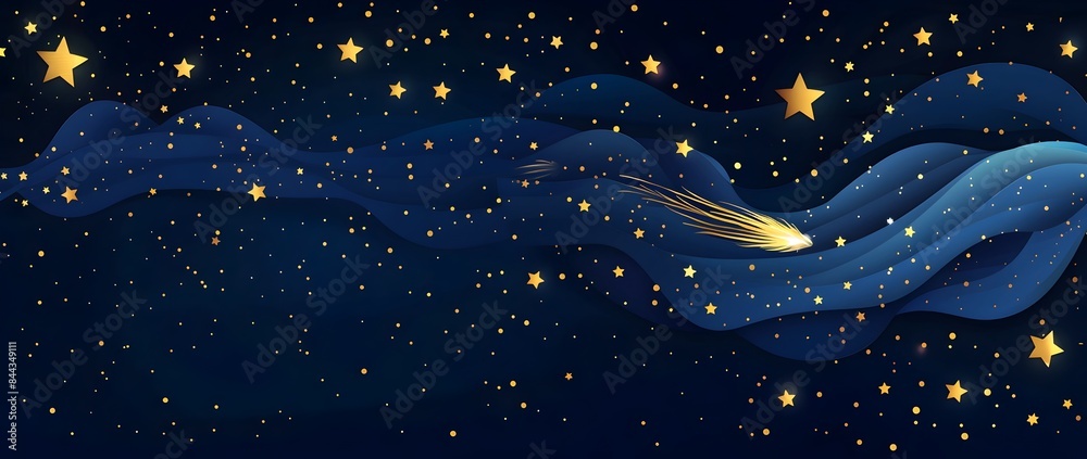Fototapeta premium Whimsical Paper Craft of Sparkling Stars and Shimmering Comet in Midnight Sky with Copy Space