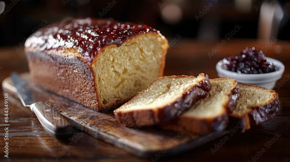 Brioche: A loaf of buttery, soft brioche with a shiny golden top, partially sliced, with a small dish of homemade jam. Traditional French bread. Brioche: A loaf of buttery, soft brioche with a shiny golden top, partially sliced, with a small dish of homemade jam. Traditional French bread.