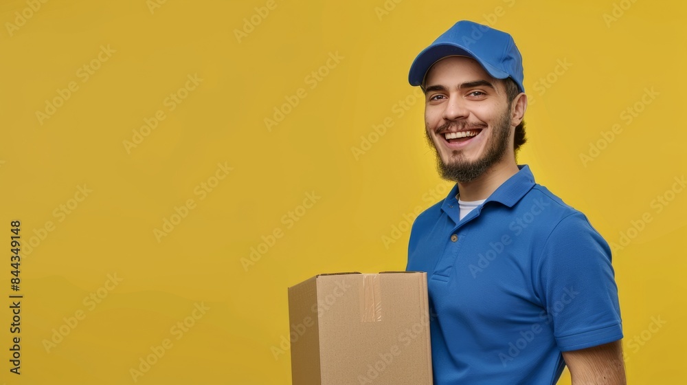 A smiling Courier in a blue uniform holds a cardboard box half image against a yellow background. Describes efficient delivery service and customer satisfaction A smiling Courier in a blue uniform holds a cardboard box half image against a yellow background. Describes efficient delivery service and customer satisfaction