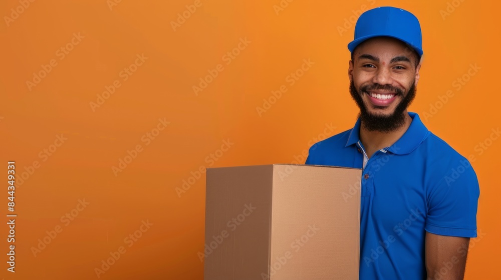 A smiling Courier in a blue uniform holds a cardboard box half image against a yellow background. Describes efficient delivery service and customer satisfaction A smiling Courier in a blue uniform holds a cardboard box half image against a yellow background. Describes efficient delivery service and customer satisfaction