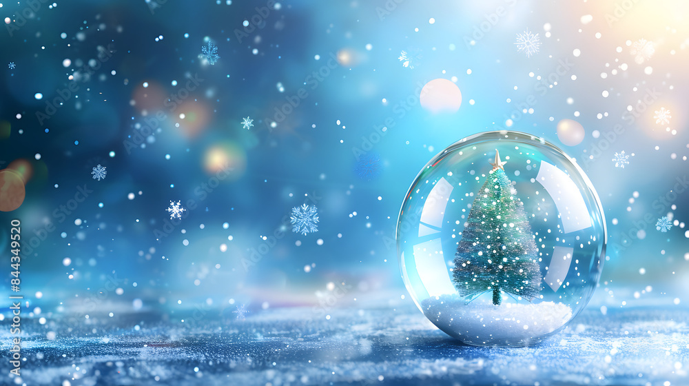 Christmas tree toy inside glass ball on blue background with snowflakes and bokeh lights. Christmas card design. banner template for New Year Christmas tree toy inside glass ball on blue background with snowflakes and bokeh lights. Christmas card design. banner template for New Year