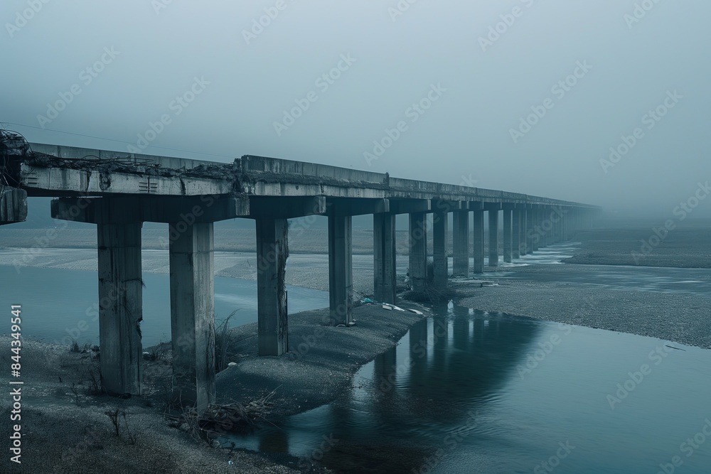 Obraz premium A bridge spans a river with fog in the background