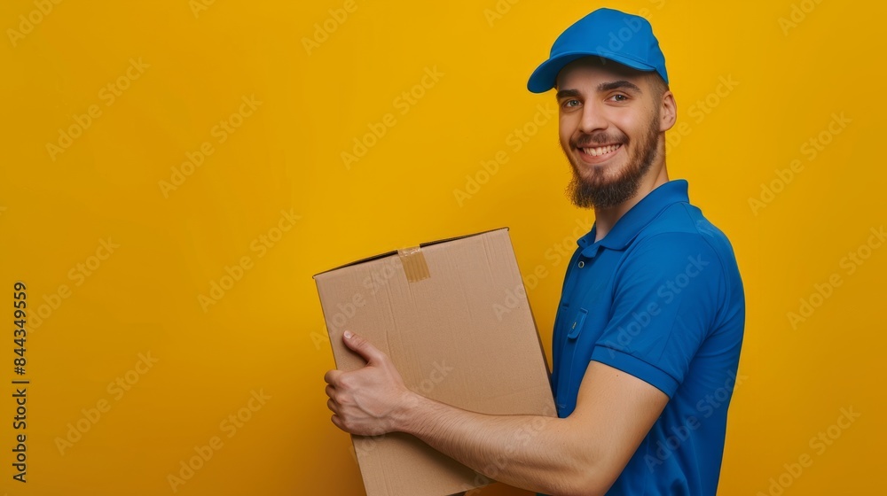 A smiling Courier in a blue uniform holds a cardboard box half image against a yellow background. Describes efficient delivery service and customer satisfaction A smiling Courier in a blue uniform holds a cardboard box half image against a yellow background. Describes efficient delivery service and customer satisfaction