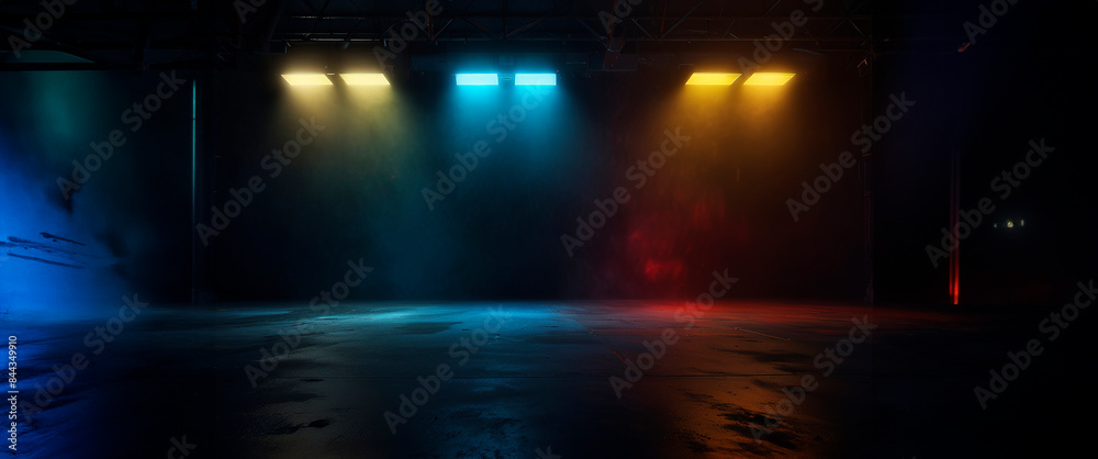 Concrete stage, spotlights shining with colored light, fog, special effects, background, copy space.