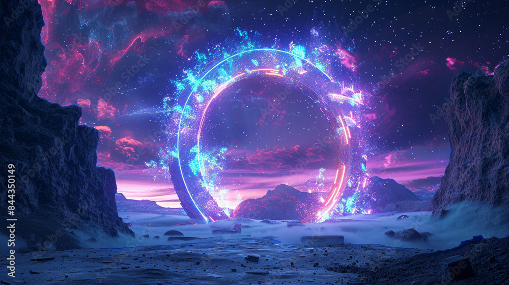 A glowing portal with neon lights illuminates the night sky, its swirling colors creating a magical atmosphere.
