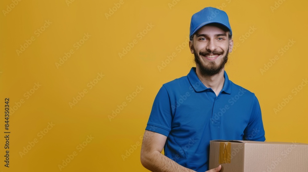 A smiling Courier in a blue uniform holds a cardboard box half image against a yellow background. Describes efficient delivery service and customer satisfaction A smiling Courier in a blue uniform holds a cardboard box half image against a yellow background. Describes efficient delivery service and customer satisfaction