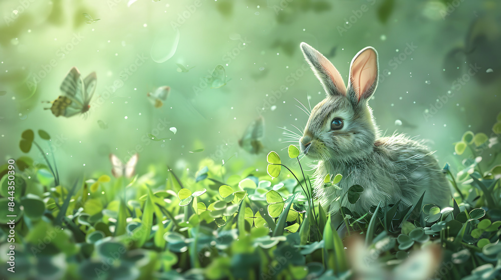 Adorable bunny in a lush green meadow with butterflies fluttering around, creating a serene and magical atmosphere in nature. Adorable bunny in a lush green meadow with butterflies fluttering around, creating a serene and magical atmosphere in nature.
