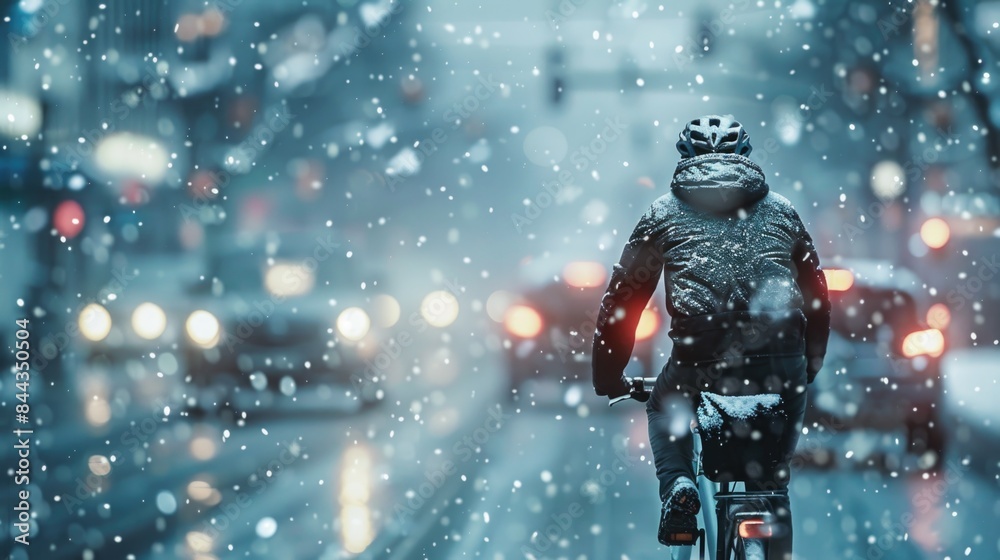 Winter Commute: Cyclist Braving Snowfall on City Street Winter Commute: Cyclist Braving Snowfall on City Street