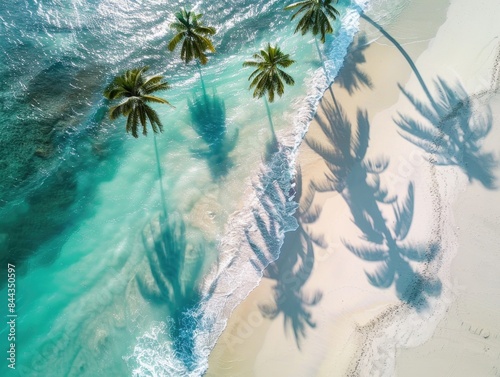 Tropical Beach Aerial View: Pristine Shoreline With Palm Shadows © Viktorikus