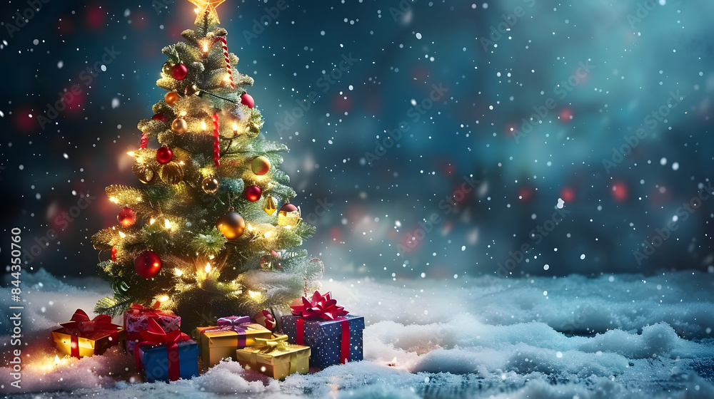 Christmas tree with colorful lights and presents on snow in winter night landscape. New Year background 