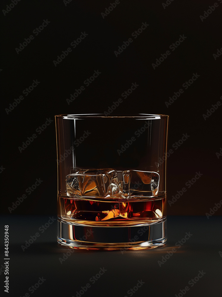 Cognac with ice in a transparent glass on a black background Cognac with ice in a transparent glass on a black background