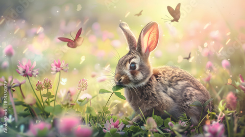 Cute rabbit in a blooming meadow surrounded by butterflies, capturing a serene and enchanting springtime scene with vibrant colors.