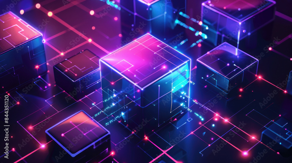 Bold, high-tech graphic with glowing neon cubes in purple and blue set against a dark backdrop.