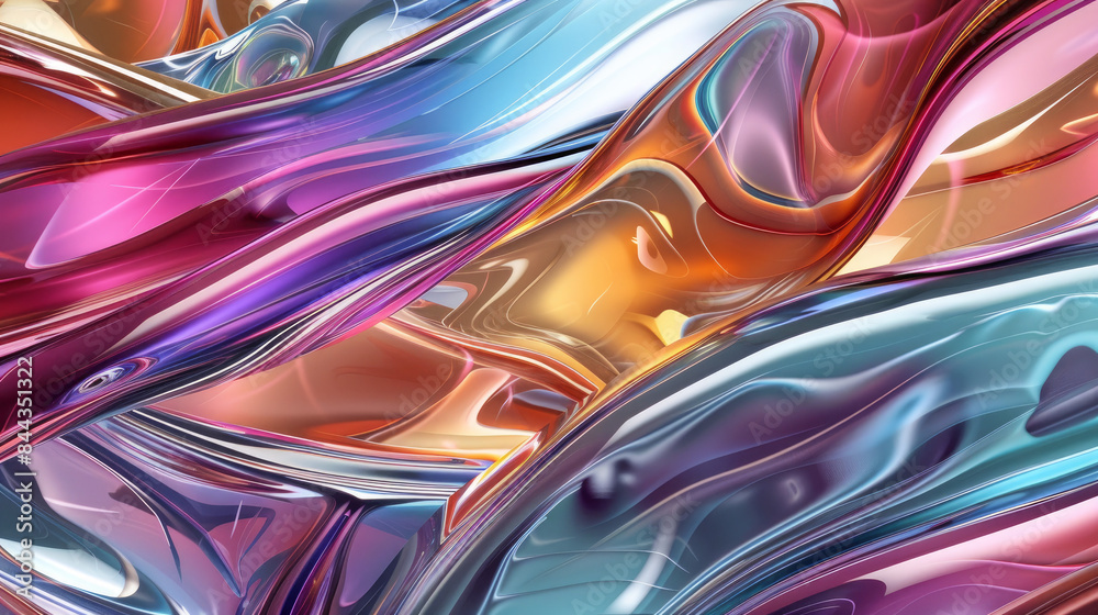 Colorful reflections dance on a wavy glass surface in this 3D rendering. Colorful reflections dance on a wavy glass surface in this 3D rendering.